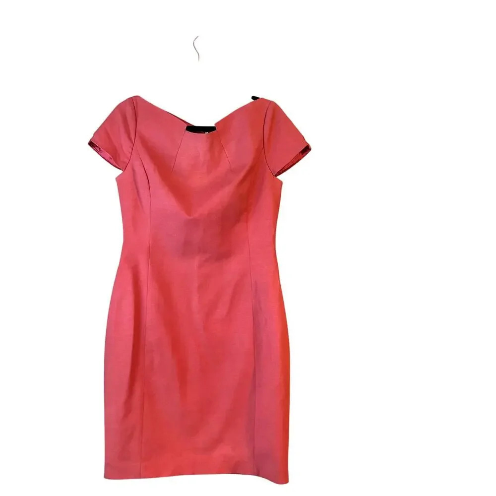 Elie Tahari Coral Pink Sheath Dress Cap Sleeve Angle Neckline Size 8 Bright